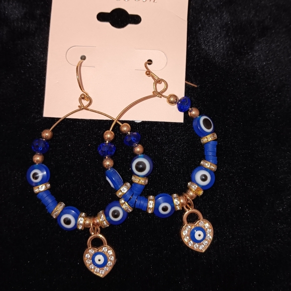 Blossom~Evil Eye Beaded Lightweight Blue and Gold Hoop Earrings NWT - Picture 5 of 8